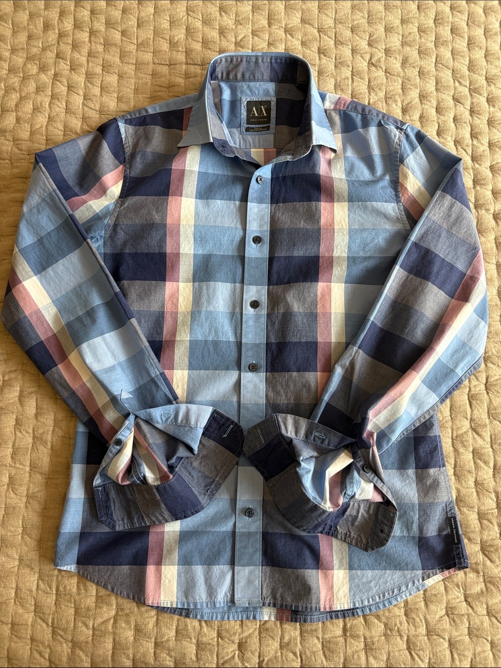 A/X Armani Exchange Light Blue Plaid Button-Down Shirt with Pink Stripes